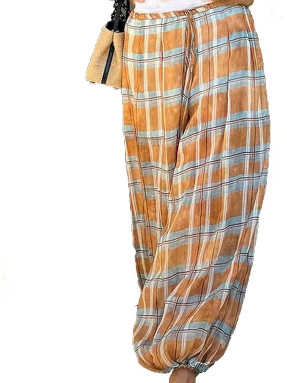 Relaxed Plaid Drawstring Men’s Pants in Tan and Light Blue